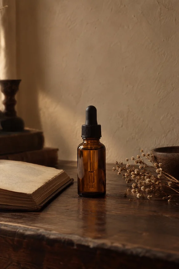 Calming serum bottle on a linen cloth
