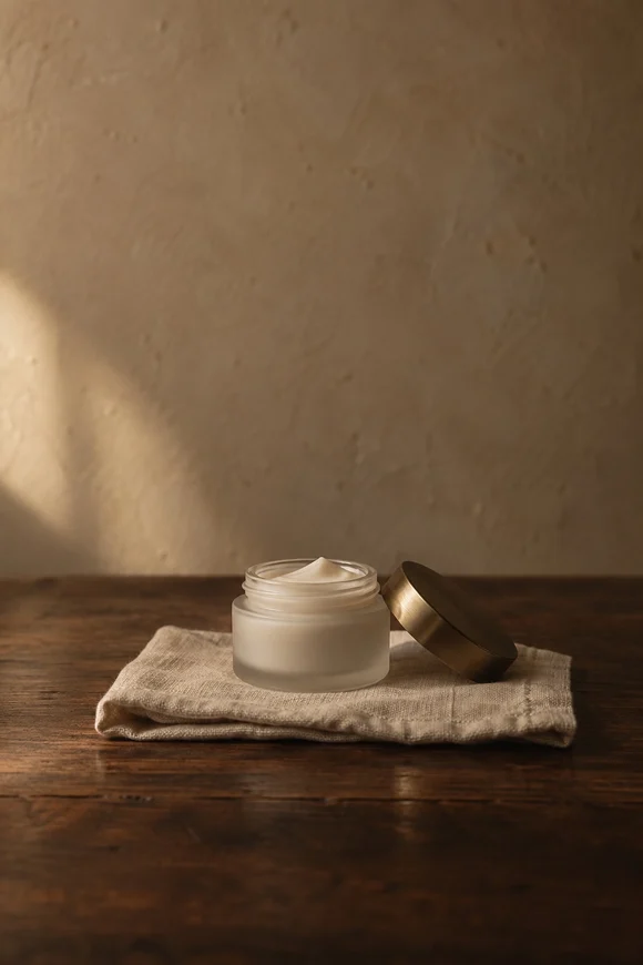 Daily moisturizer bottle on a linen cloth